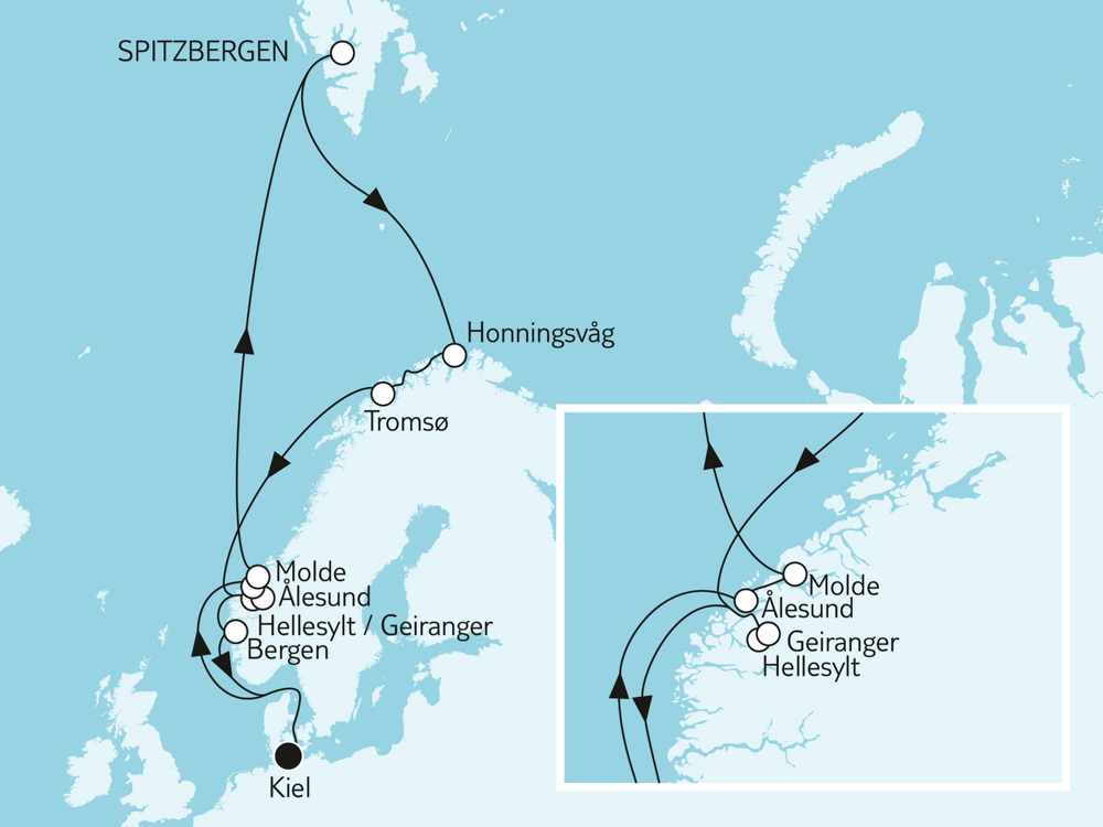 Mein Schiff 4 Angebot der Woche Norwegen mit Spitzbergen & Geirangerfjord - Routenbild